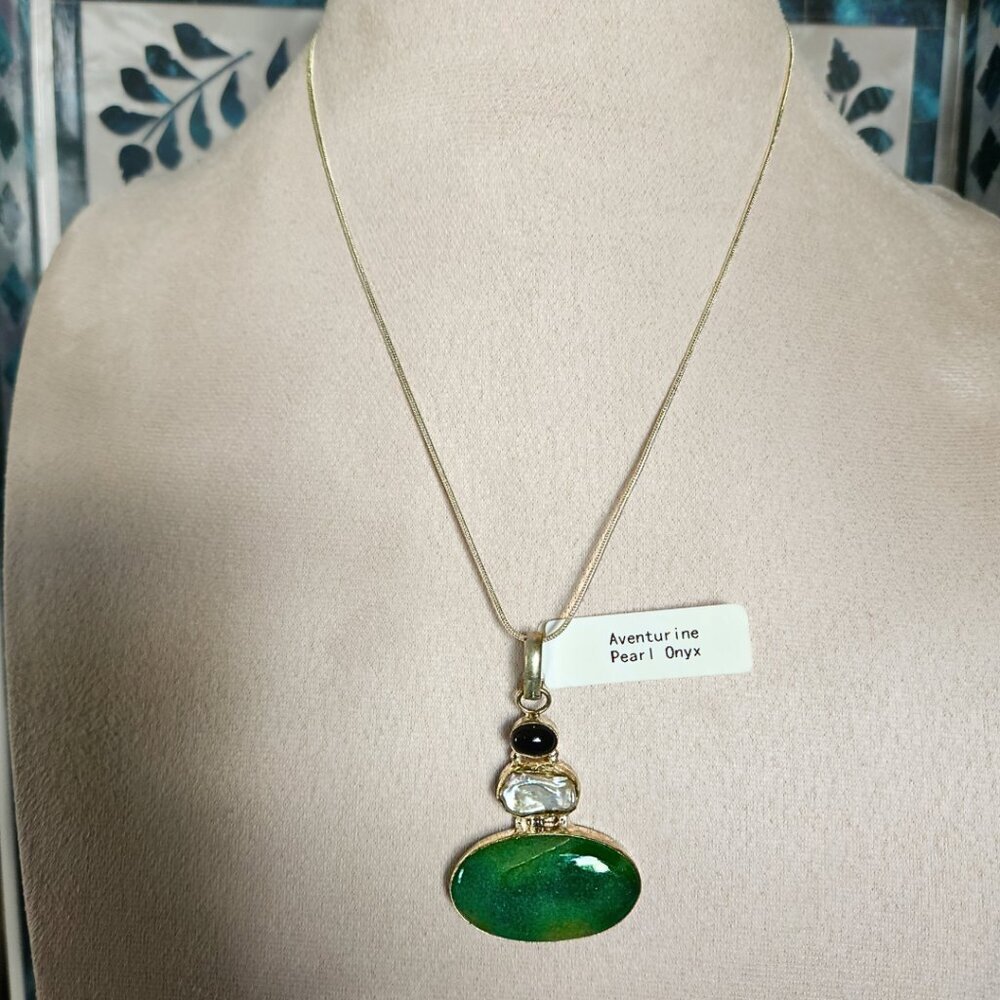 Aventurine Onyx Keshi Pearl All Natural NEW Artisan Crafted Pendant Silver Chain